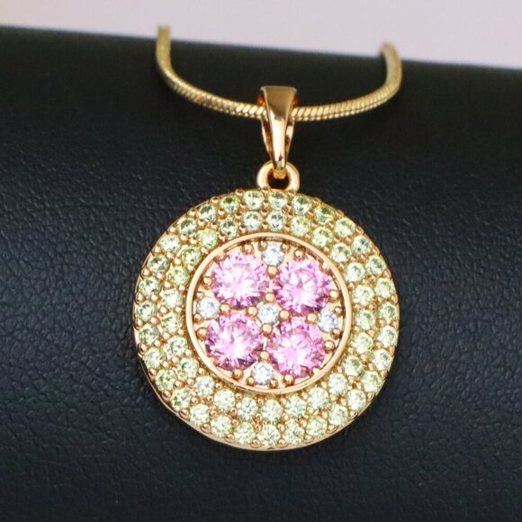 "Round Pink & Yellow CZ Pendant in Gold Finish – Elegant Floral Look, XPPT1858 - Picture 1 of 13